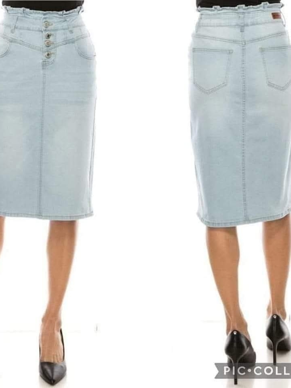 Light Blue Denim Pencil Skirt with Button-Front Detail - Women's